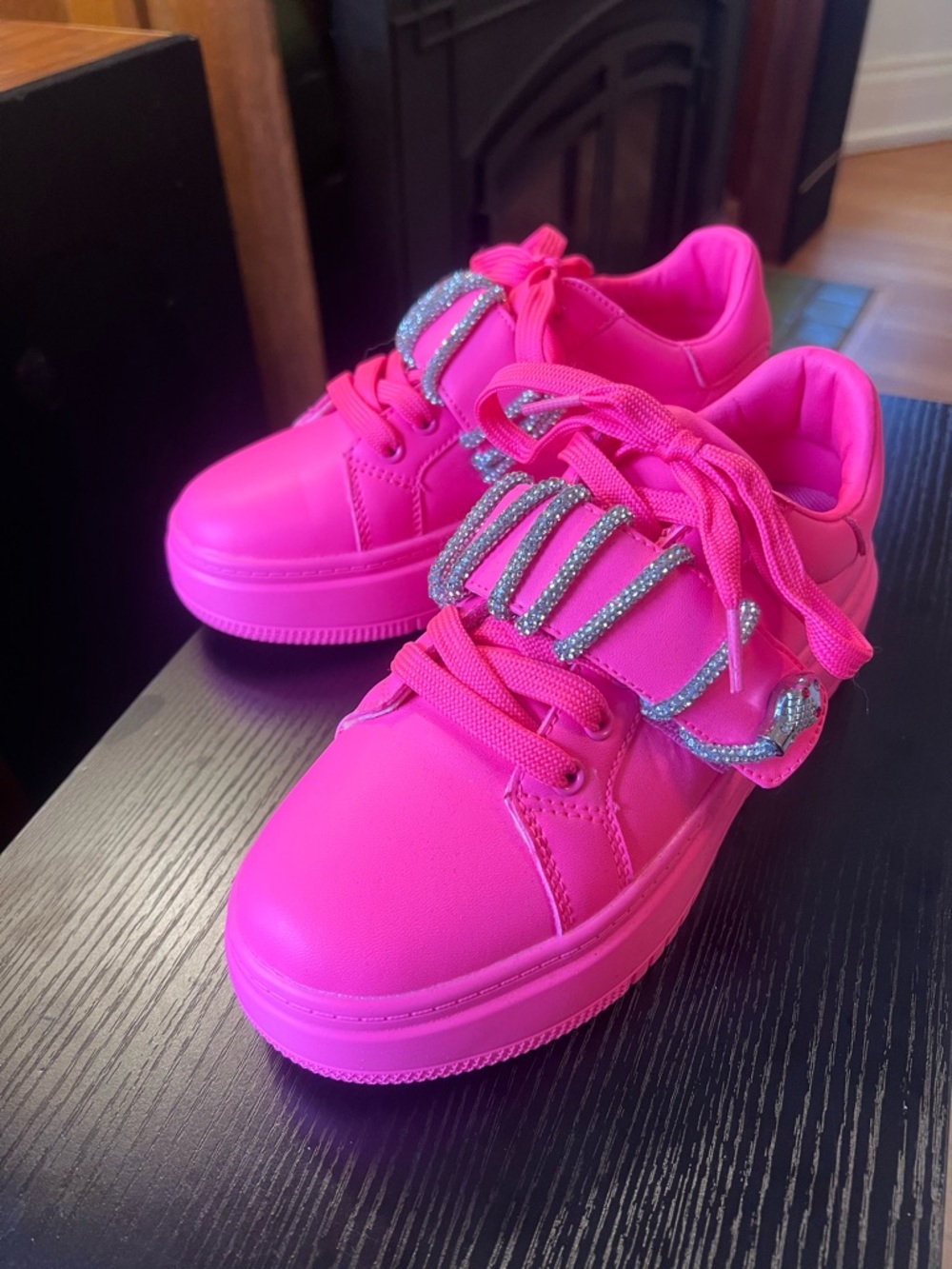 Women’s Bright Pink Sparkle Lace-Up Sneakers with Glittery Snake Detail